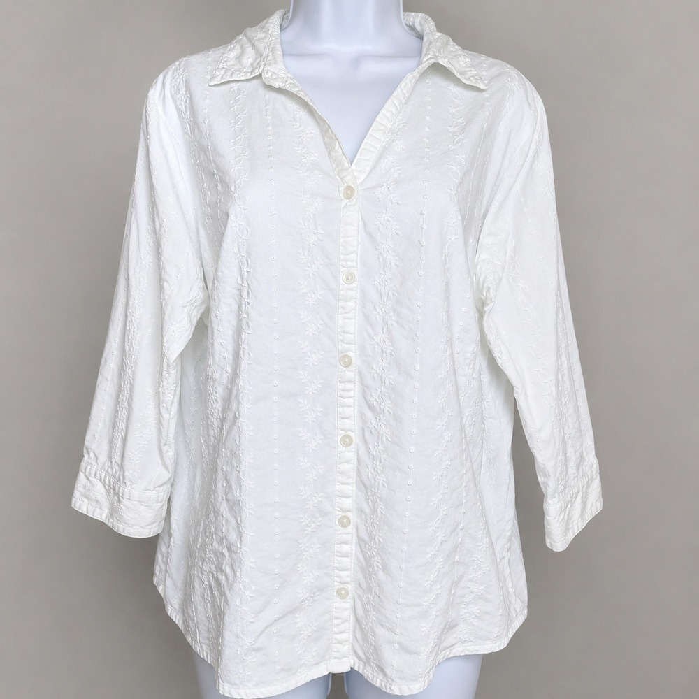 Sonoma Women XL White Embroidered Cotton Button Up Blouse Coastal Cottagecore